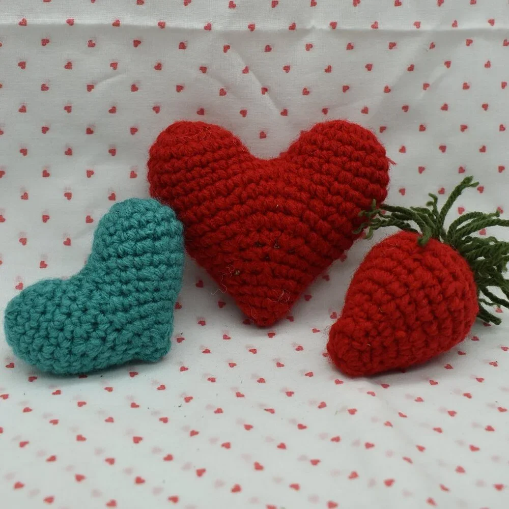 Crochet Catnip Hearts and Strawberry Valentines Day Cat Toys Bundle HANDCRAFTED